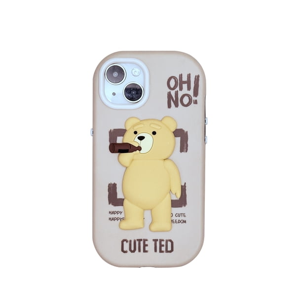Round Button Three-dimensional Lens Patch Ted Drinking Bear Phone Case For Apple IPhone14 13 12 11 Plus Pro Max