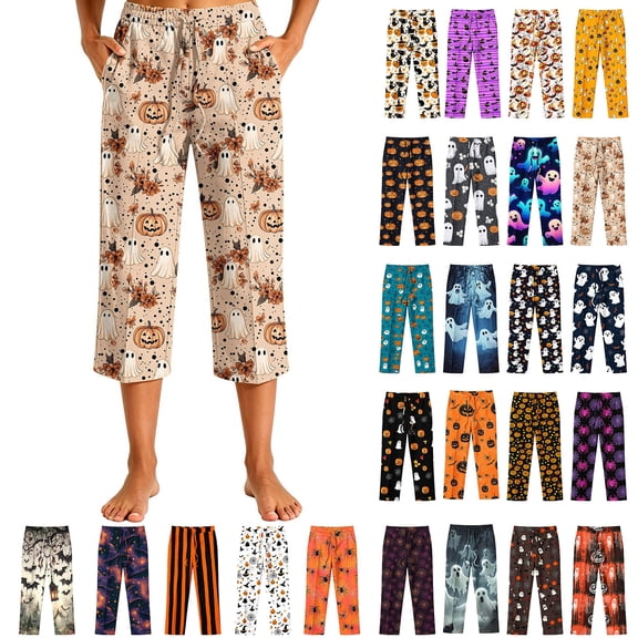 Frostluinai Women's Halloween Pajama Pants Capri Lounge with Pockets Comfy Drawstring Pj Bottoms Spooky Season Casual Sleepwear S-XXXL