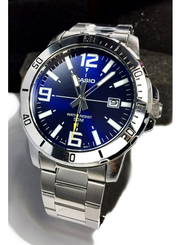 Mens Analog Stainless Steel Band and Case Silver Blue Dial 50-meter Water Resistance Watch MTP-VD01D-2BVUDF