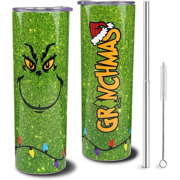Christmas Tumbler With Lid and Straw Insulated Stainless Steel 20oz Skinny Tumbler Travel Coffee Mug Christmas Cups Merry Christmas Gifts for Women