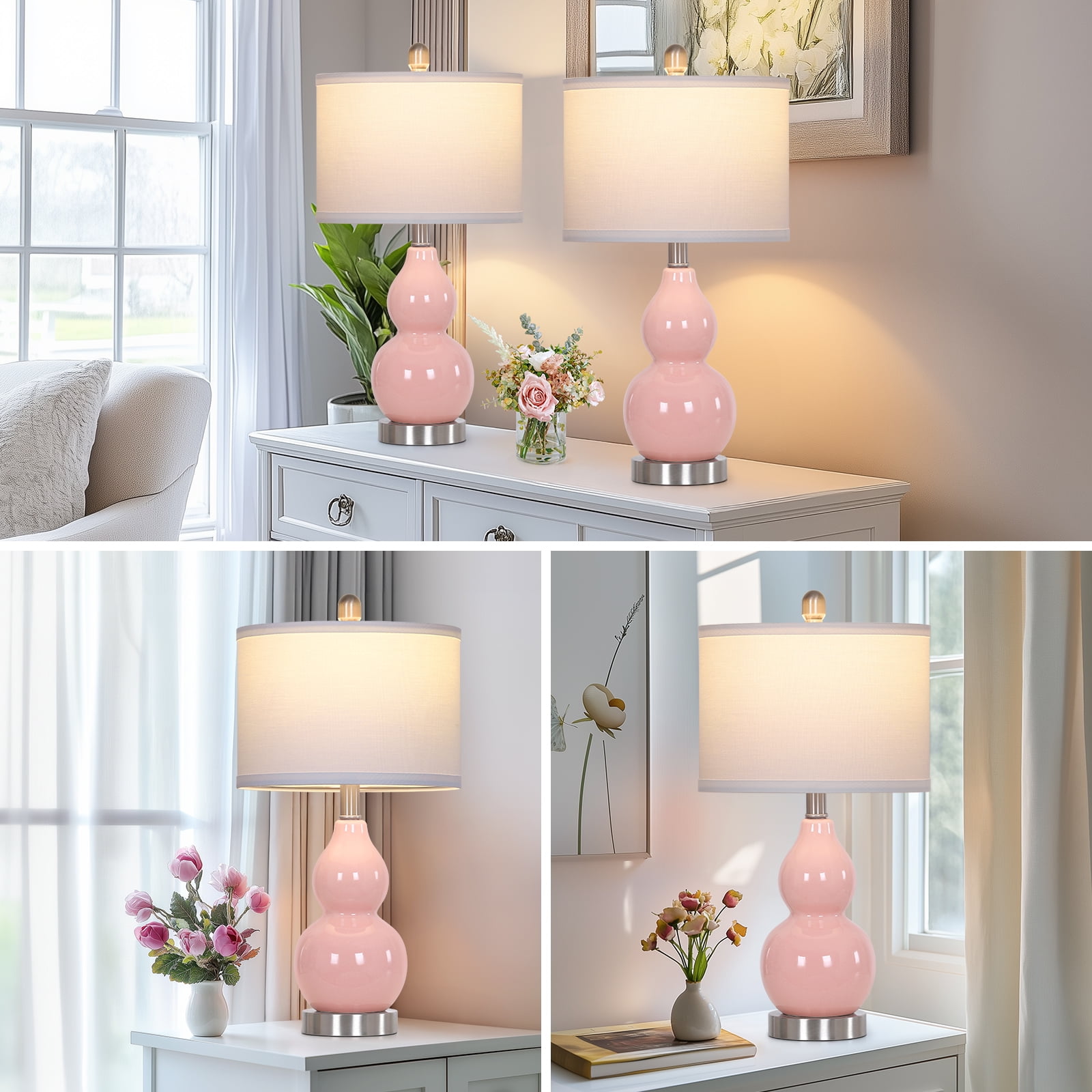 Cinkeda Pink Ceramic Table Lamp Set of 2 for Bedroom Living Room 22" Modern Double Gourd Nightstand Bedside Lamps with White Shade