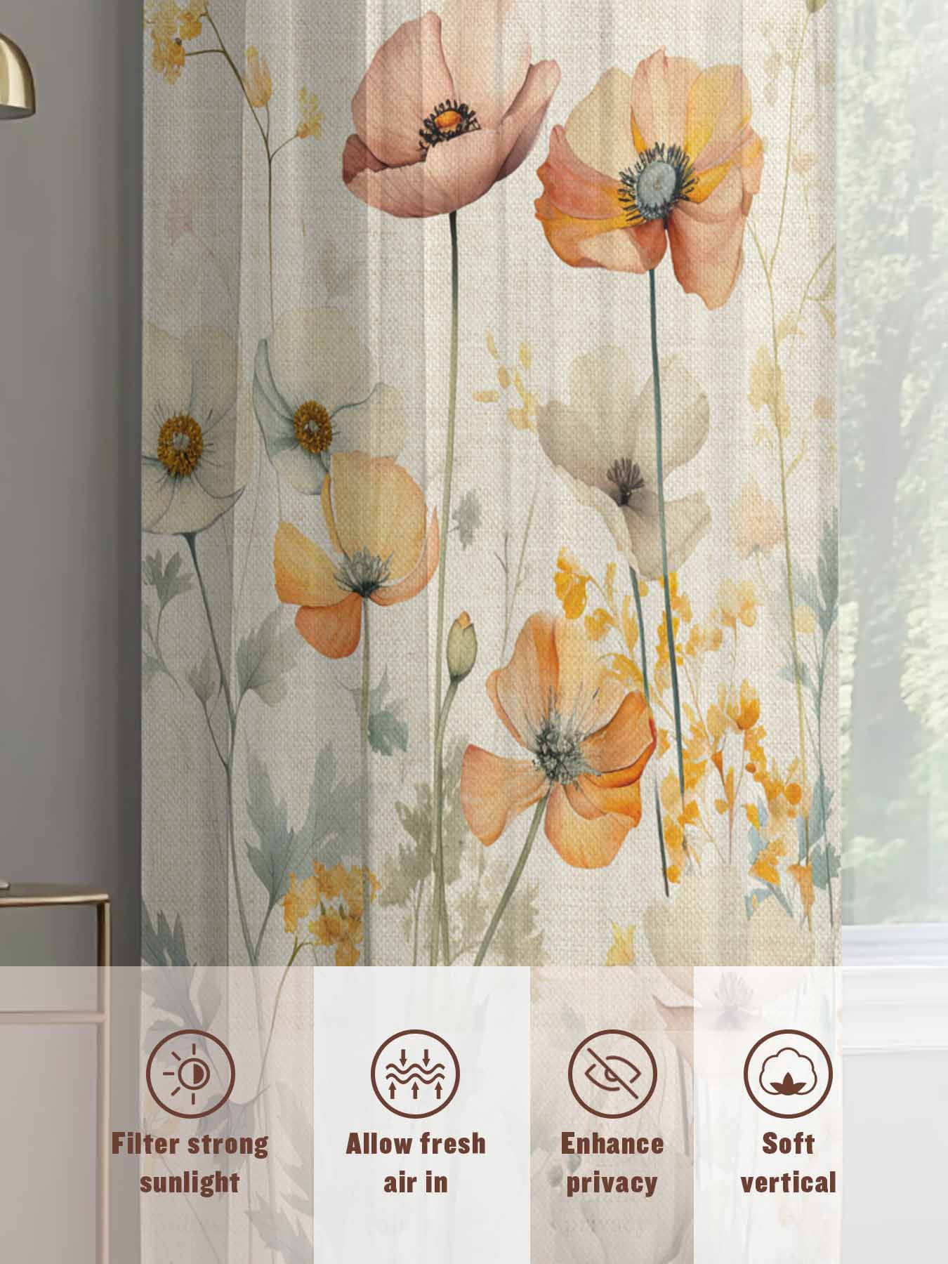 Vintage Flowers Sheer Curtains 45 inches Long 2 Panels Set Watercolor Floral Leaves Linen Tiers Sheers Rod Pocket Small Window Short Curtains for Kitchen Cafe, Each 52" W x 45" L