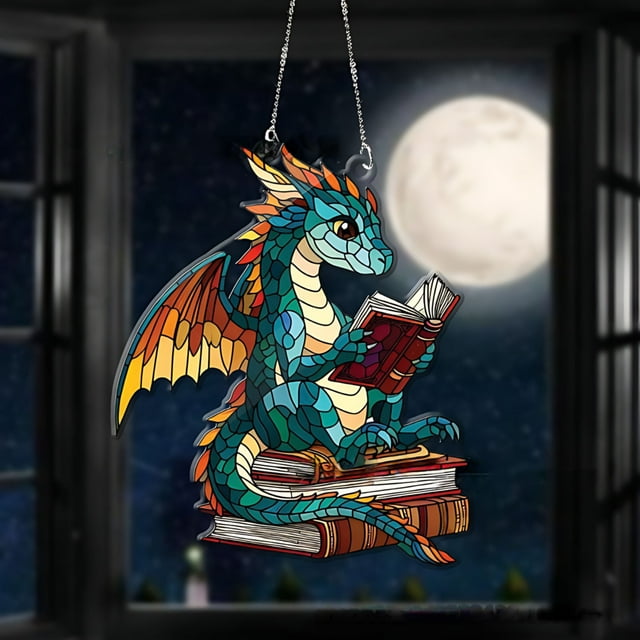 Colgante de ventana de acrlico con forma de dragn y libro del bosque, regalo para amantes de los libros, decoracin del hogar literaria, no atrapasol, regalo para bibliotecario, dragn y libro.