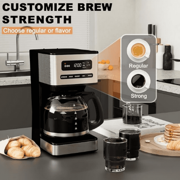 12-Cup Programmable Coffee Maker, Regular & Strong Brew Drip Coffee Machine, 1-4 Cup and Ice Coffee Setting, 24H Timer, Auto Shut-Off, Keep Warm, Pause & Serve