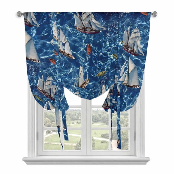 Coastal Boat Ocean Balloon Curtains for Windows, Bedroom Curtains 54 Inch Length, Coastal Sea Waves Summer Tie Up Curtains Panels Thermal Insulated Bathroom Curtains Window 42"x54"