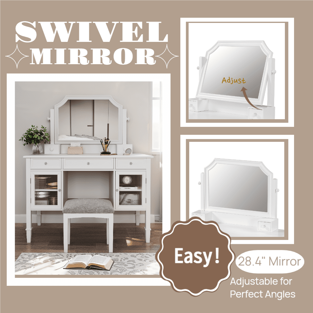 MODERNLUXE Makeup Vanity Desk with Mirror,Dressing Table Set with 5 Drawers, 2 Cabinets and Stool,Space-Saving Beauty Station for Bedroom,White