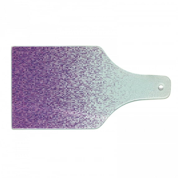 Magenta Cutting Board, Computer Art Style Tile Mosaic Squared Complex Pixel Party Mix Concept, Decorative Tempered Glass Cutting and Serving Board, Wine Bottle Shape, Purple White, by Ambesonne