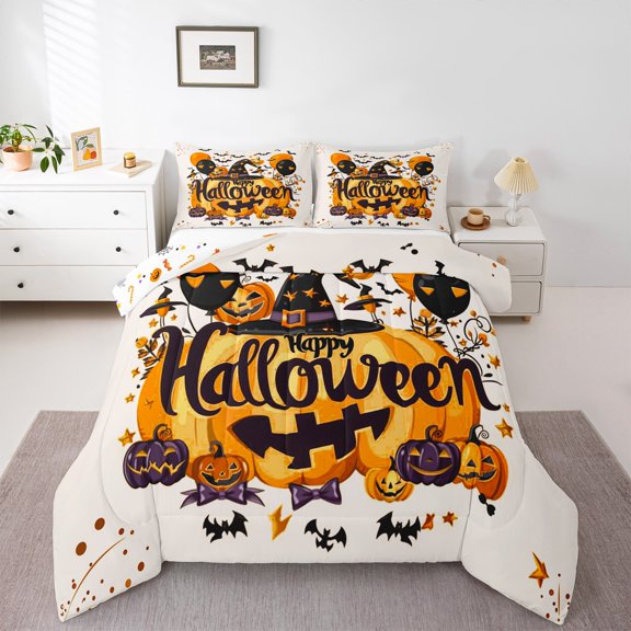jejeloiu Halloween Spooky Pumpkin Bedding Comforter Set,Purple Kawaii Bowtie Twin Comforter Sets,Happy Halloween Bats Bedding Set For Child,Ultra Soft Bedroom Decorative Reversible,2-Piece
