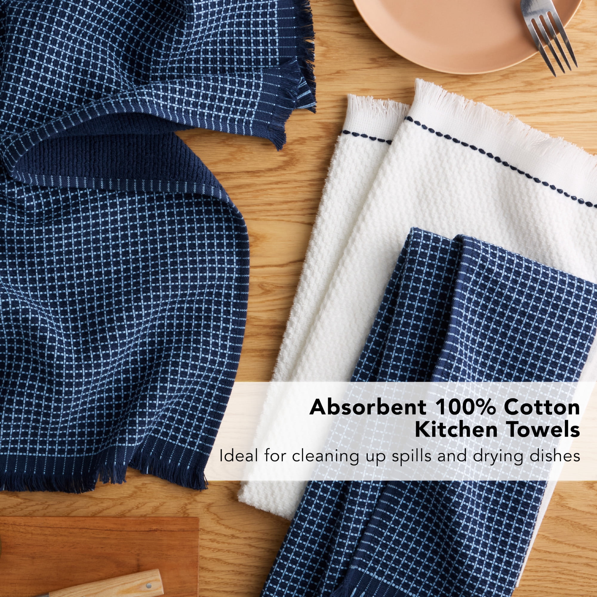KITCHENAID Gourmet Series Gridlines Kitchen Towels 3-Pack Set, 100% Cotton Absorbent, Ink Blue, 18"x28"