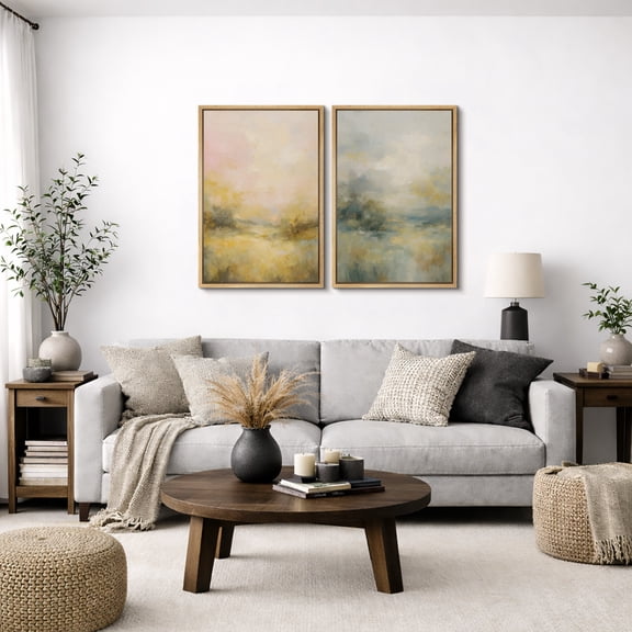 Framed Canvas Print Abstract Vintage Landscape Wall Art Set of 2 Modern Farmhouse Decorative for Living Room Bedroom - 16"x24"x2 NATURAL