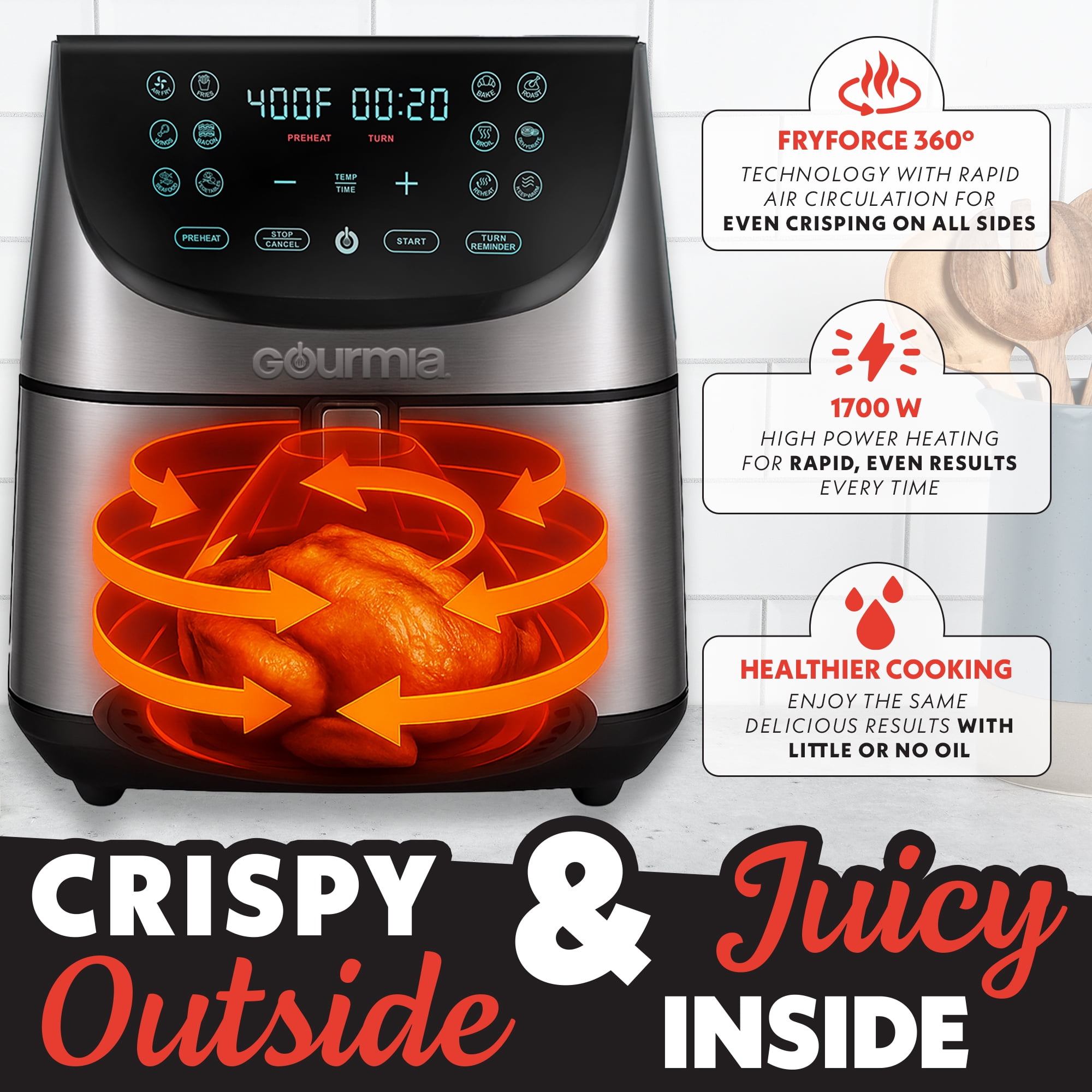 Gourmia 8 Qt Digital Air Fryer with 12-One Touch Presets, Stainless Steel, Black, 13 in, New