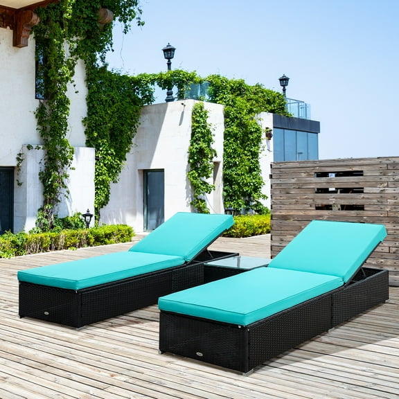Outsunny Chaise Lounge Set of 2 w/ 5 Angle Backrest, Table, Cushions, PE Wicker Poolside Chairs, 3-Piece Patio Furniture Set, Dark Brown/Turquoise