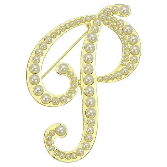 Uxcell Letter Brooch Pins, Pearl Initial Rhinestone Alphabet P Letter Lapel Badges Pin for Women, Gold Tone