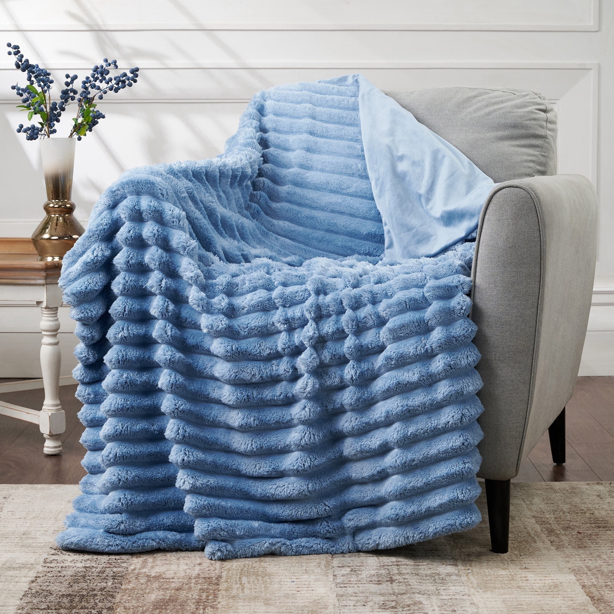 CBCHome Jumbo Velvet Plush Wide Ribbed Throw Blanket - Super Soft, Warm, Cozy Fluffy Throw for Couch, Bed, Sofa - All Season Décor (Ashley Blue, 50" x 60")
