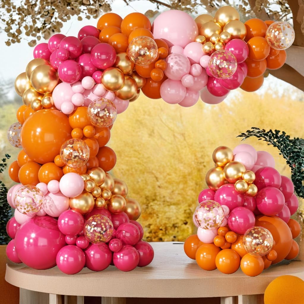 Pink and Orange Balloons Arch Kit - 164pcs Hot Pink and Orange Metallic Gold Confetti Balloons in Different Size 18 12 10 5inch for Summer Tropical Birthday Sunset Party Graduation Decorations