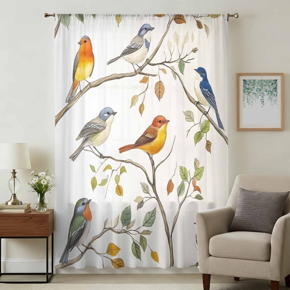 Watercolor Bird Sheer Curtains 108" Extra Long, Spring Multicolored Leaf Plant Branch Light Filering Curtains, Privacy Drapes Simi Floor to Veiling Curtain for Living Room Bedroom Window Treatment