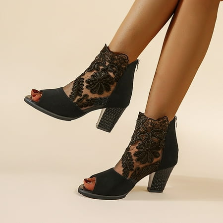 

Lace Embroidery Contrast Mesh Vamp Open Toe Sandal Boots Zipper Back Chunky High Heels Gorgeous &