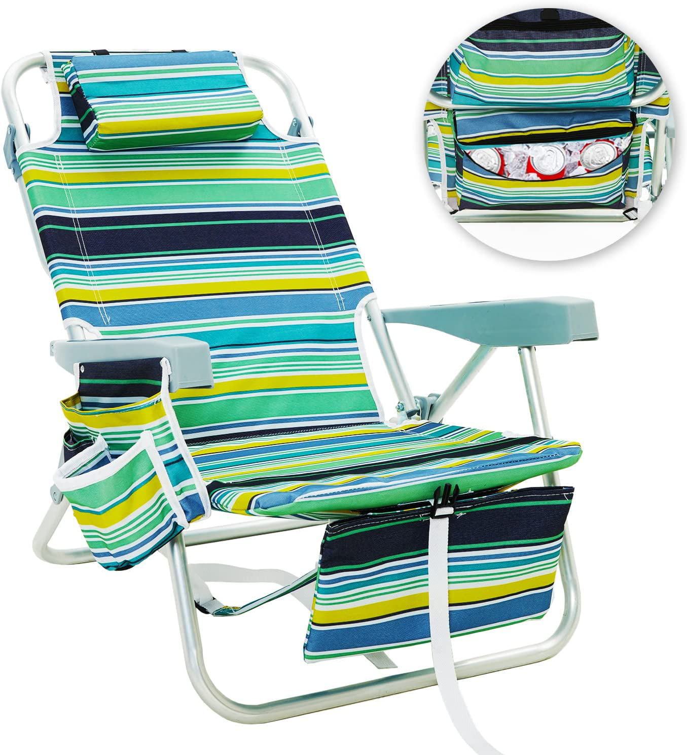 WGOS Beach Chair, Backpack Folding Chair With High Back Cooler Bag, 5- Position Reclining With Headrest, Armrest, Large Storage Pouch And Cup  Holder (1 ライト、ランタン