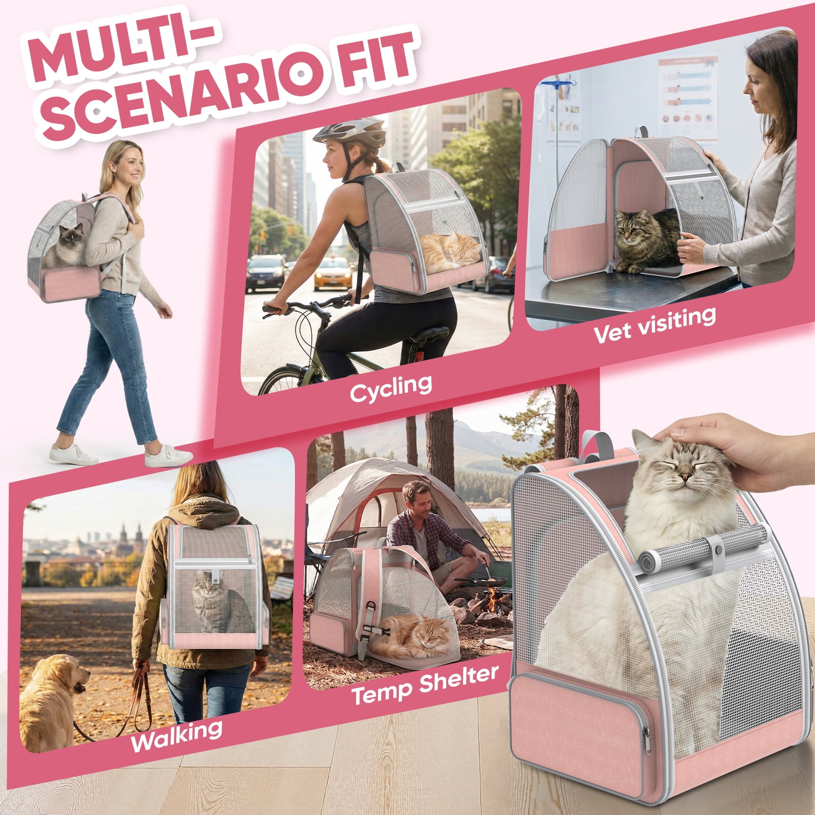 Cat Carrier Backpack Expandable Cool-Ventilated Pet Carrier Backpack for Cats and Small Dog Puppies Outdoor Travel Bag for Pets, Pink