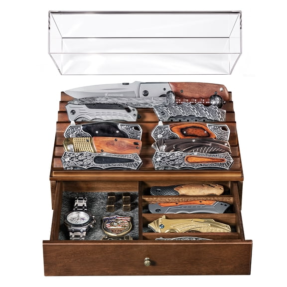 Amoard Wooden Knife Display Case with Clear Lid – Pocket Knife Display for Collections, 2-Tier Storage & EDC Organizer