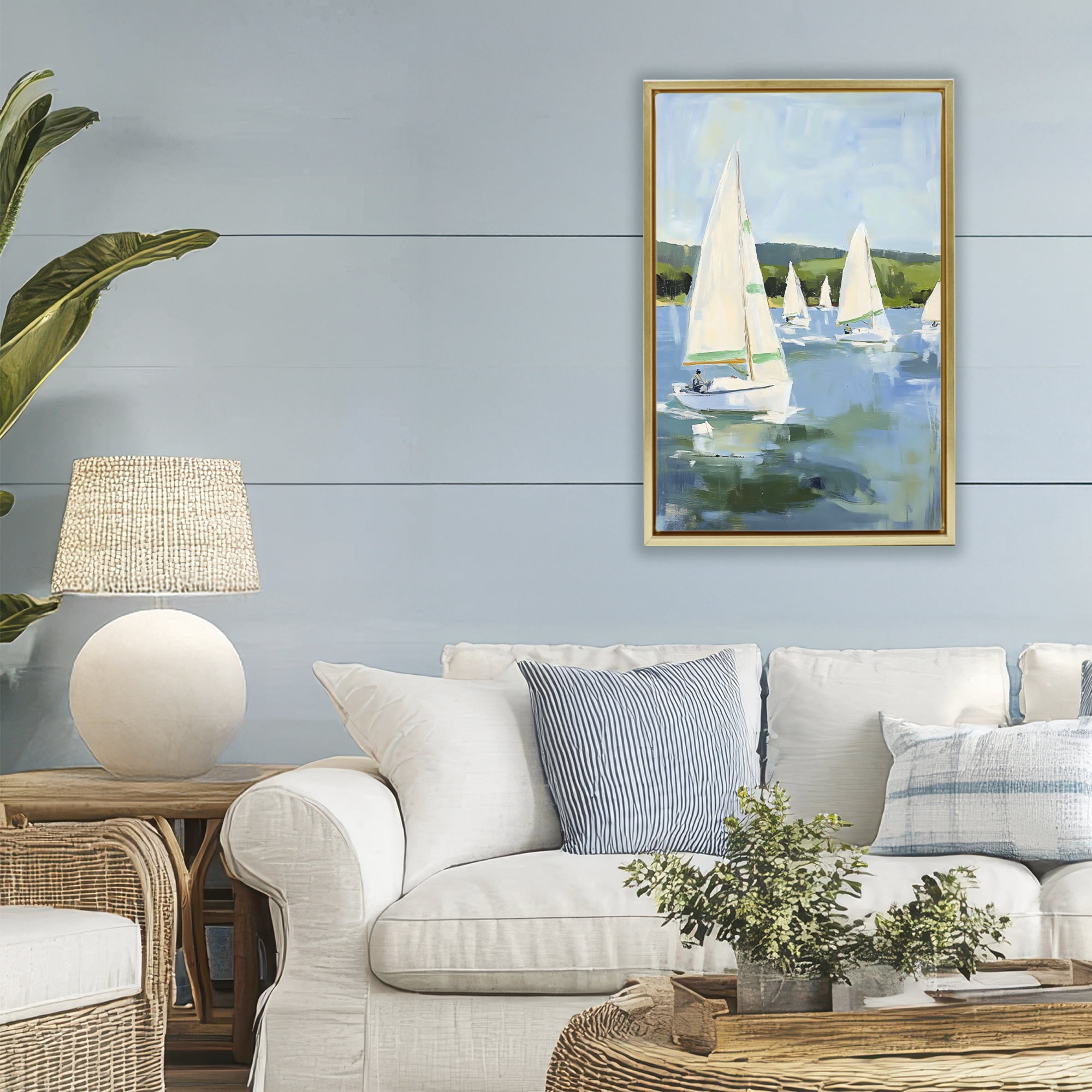 Stupell Industries Boat Race Regatta Gold Framed Floater Canvas Wall Art, design by Petal Prints Design