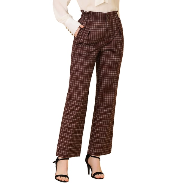 Allegra K Pantalones Largos De Pierna Recta De Tartán A Cuadros Casuales De Cintura Alta Para Mujer Rojo marrón XL