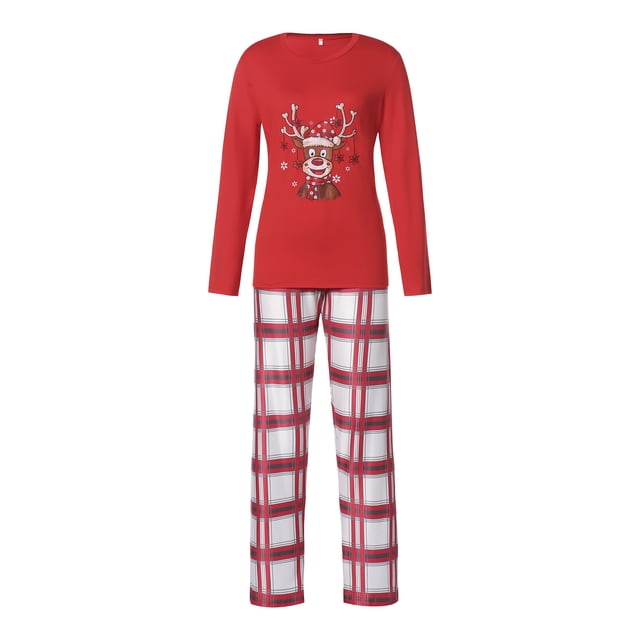Honganda Ensemble de Pyjamas de Noël pour la Famille, Cartoon Deer Imprimé Tops+pantalons/romper
