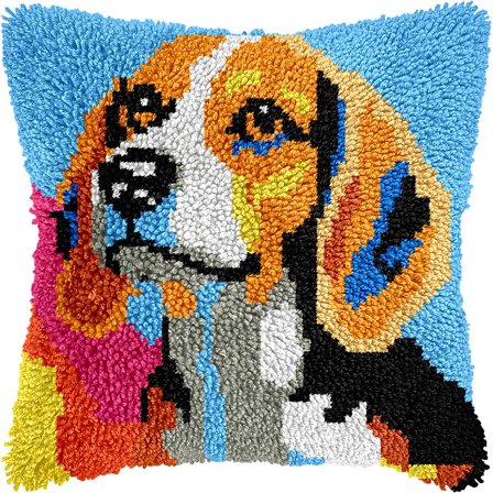 Beagle Dog Latch Hook Pillow Cover Kits for DIY Handmade Throw Pillow Cross Stitch Latch Hooking Pillowcase Kits with Preprinted Color Pattern Canvas Crochet Yarn Kits 17''X 17''(5-221)