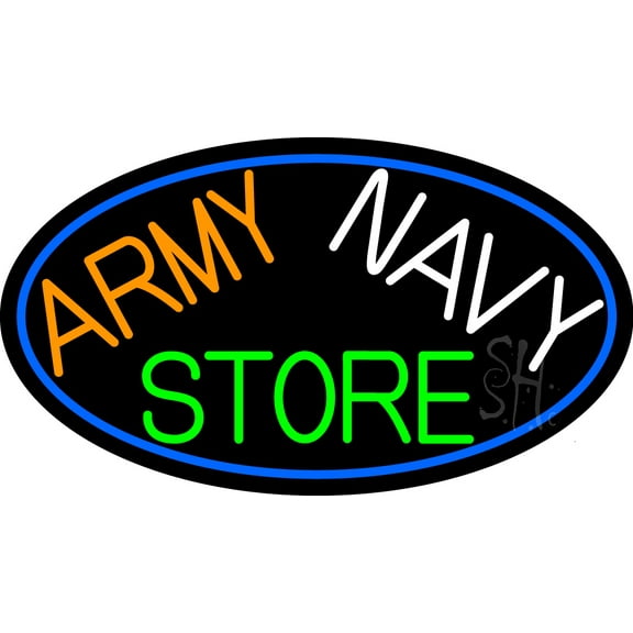 Army Navy Store With Blue Border LED Neon Sign 20 x 37 - inches, Black Square Cut Acrylic Backing, with Dimmer - Bright and Premium built indoor LED Neon Sign for Defence Force.