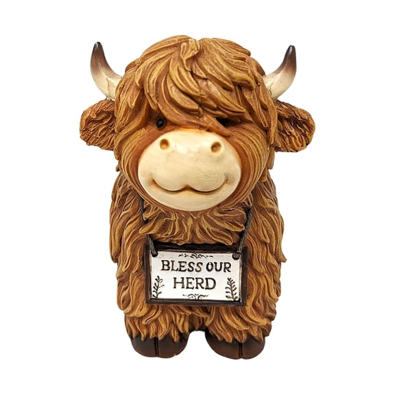 Adorable Highland Cow with Bless Our Herd Sign - Lovely Resin Collectible Figurine for Home & Office Décor - Ideal Gift for Cow Lovers & Collectors