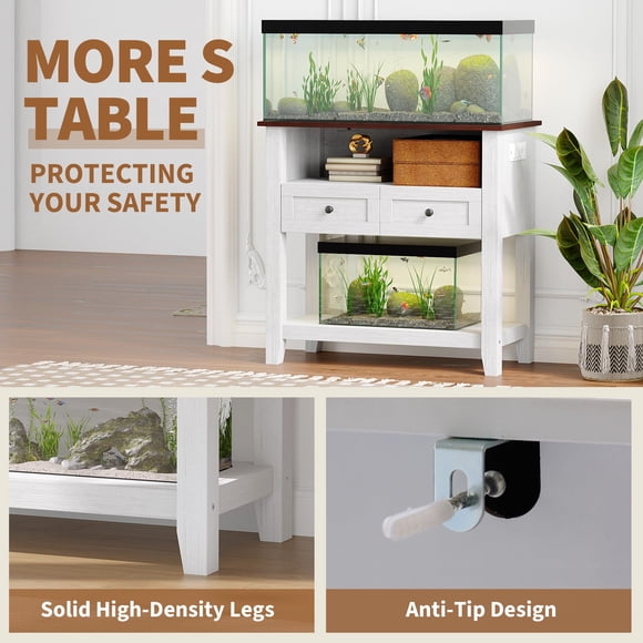 Aquarium Stand with Charging Station – 20-29 Gallon, Heavy Duty 660LBS Fish Tank Cabinet, Drawers & Open Storage – Modern Brown and White