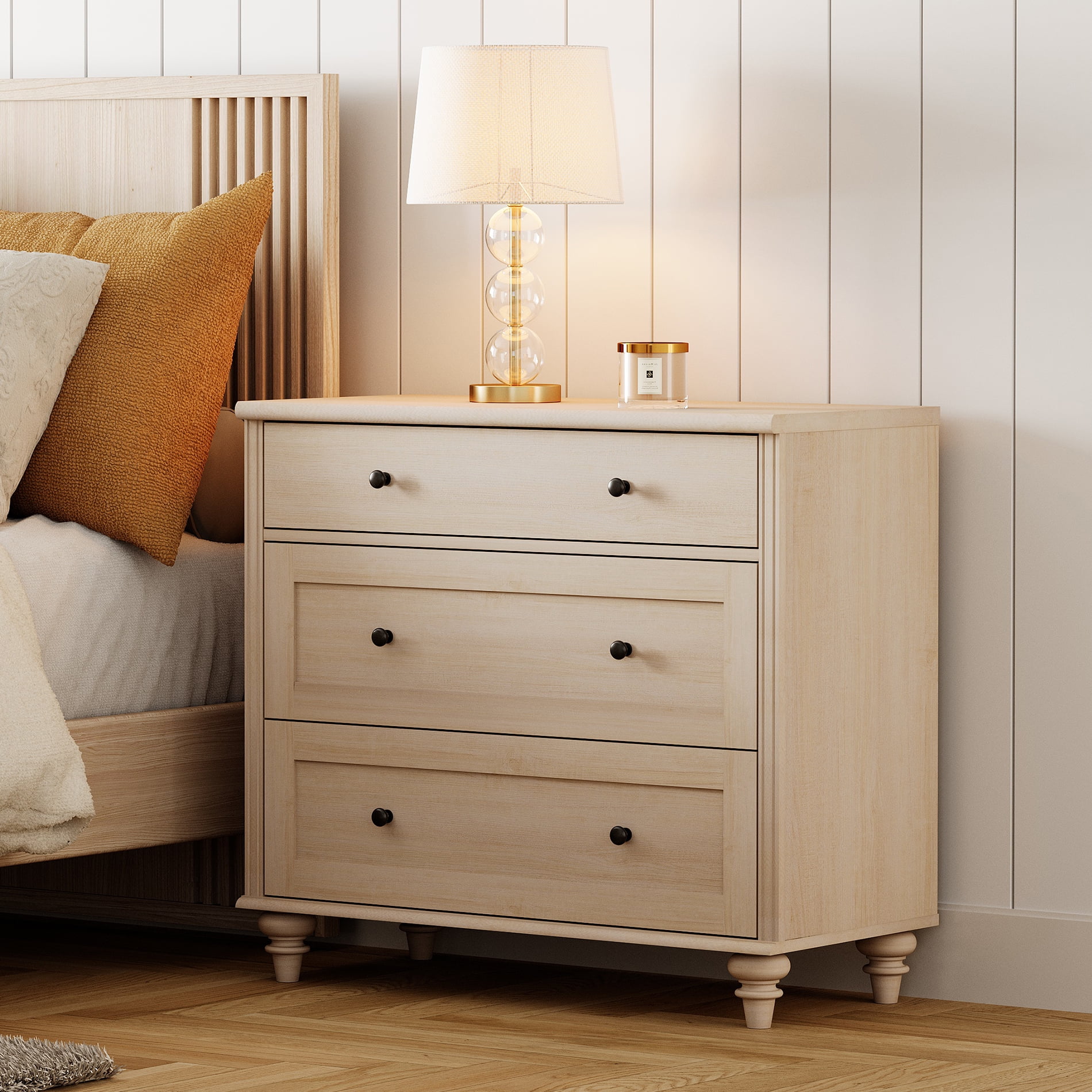 Farmhouse 3-Drawer Nightstand, Large Wooden Bedside Table, Wide Sofa Side End Table with 3 Drawers, Chest of Drawers for Living Room and Bedroom, Beige, 34 Inches