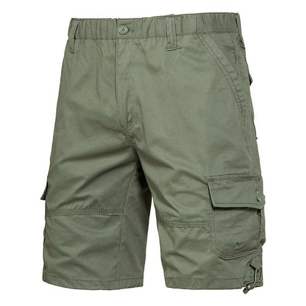 pstuiky Pantalones cortos de gimnasio, Pantalones cortos de trabajo de verano para hombre, de color liso, con múltiples bolsillos y cintura elástica con botones. Pantalones cortos cargo