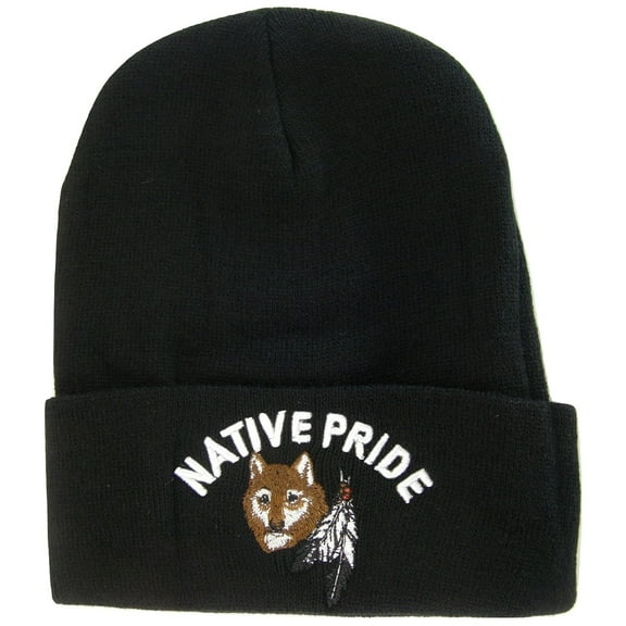 Native Pride Cuffed Knit Black Winter Hat Beanie (Wolf)