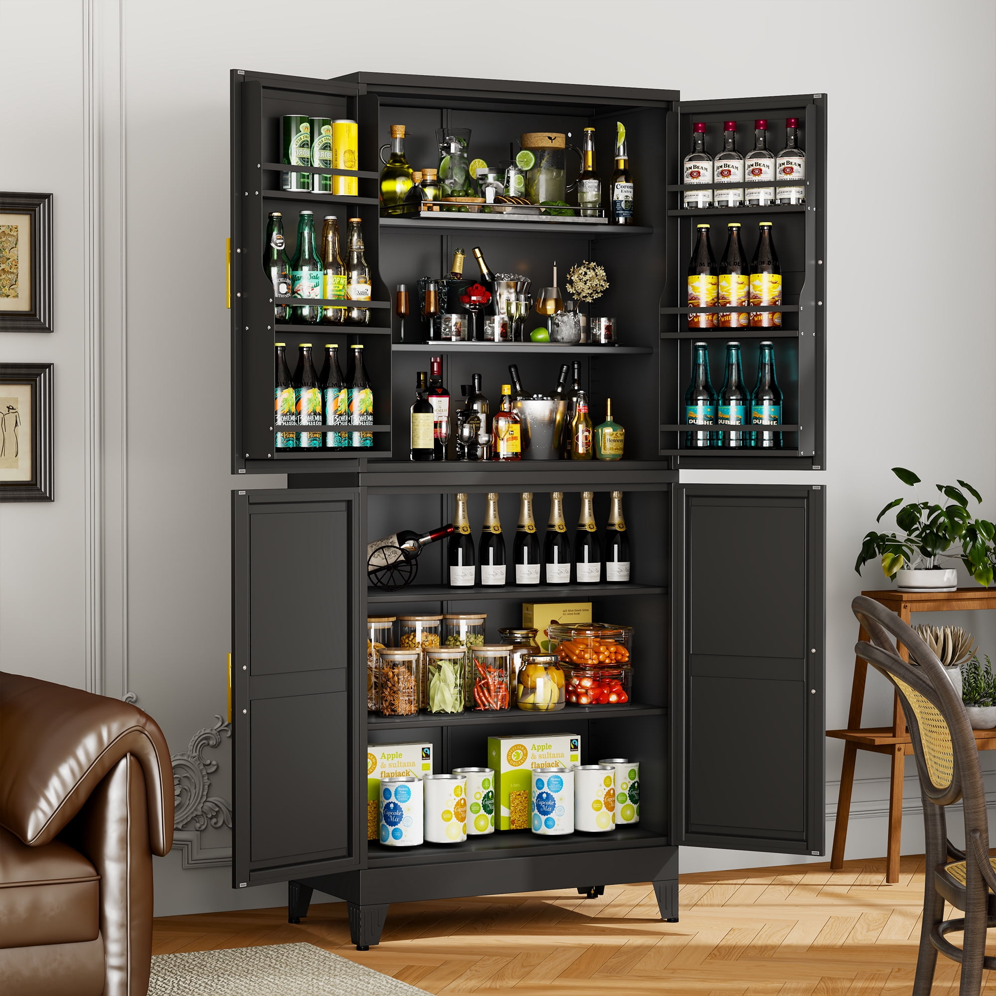 Ero Tall Steel Pantry Cabinet with 4 Doors and Adjustable Shelves for Kitchen Storage Black