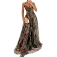 thumbnail image 3 of Women'S Floral Strappy Dress Low Cut Tie Front High Waist Slit Maxi Printed Summer Dress Green S, 3 of 7