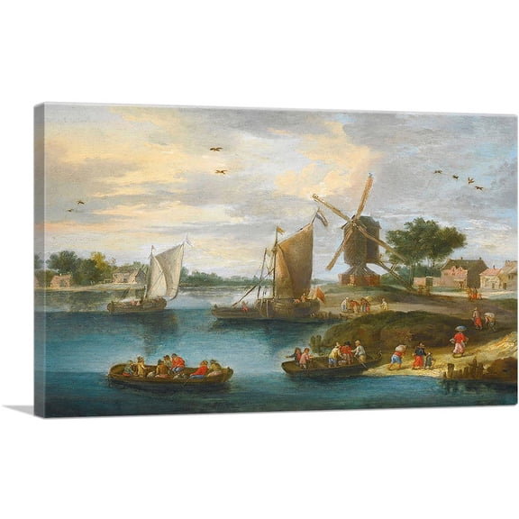 ARTCANVAS A River Landscape With a Windmill Canvas Art Print by Jan Van Kessel Elder - Size: 18" x 12" (1.50" Deep)