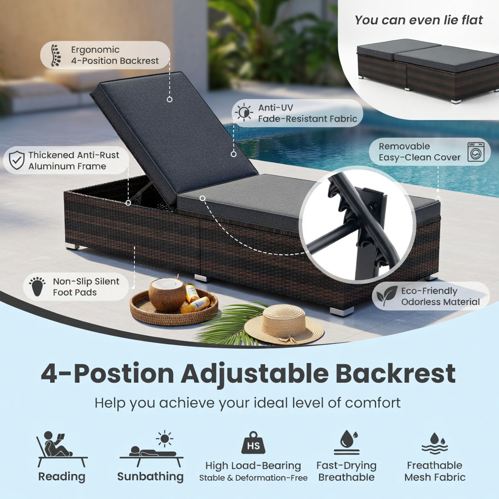 Hommoo Outdoor Wicker Lounge Chair with Adjustable 4-Position Backrest, Extra-Long Gray Cushion & Heavy-Duty Steel Frame, PE Rattan Patio Seating, Brown