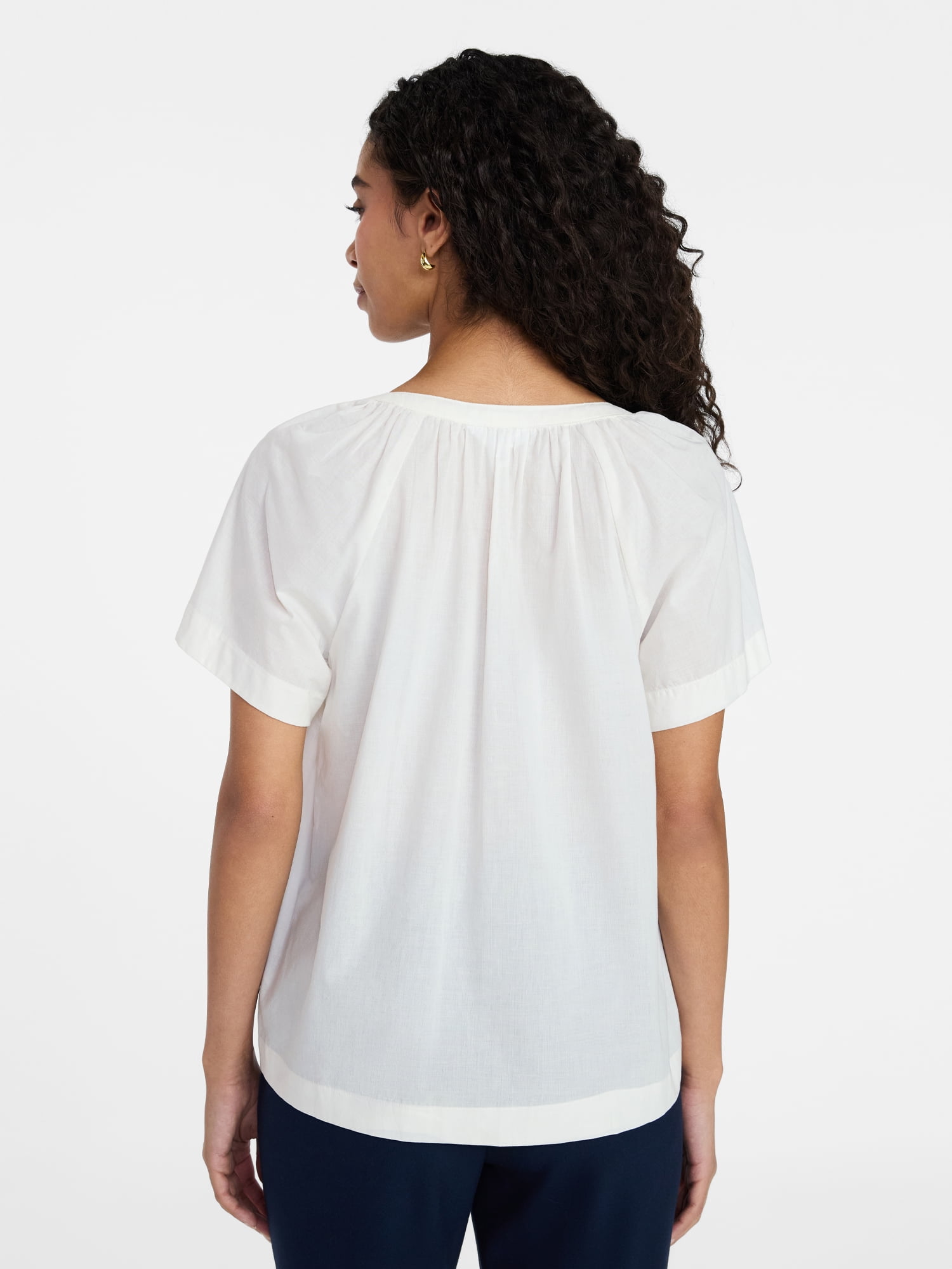Time and Tru Women's Cotton Button Up Blouse with Short Sleeves, Sizes XS-XXXL