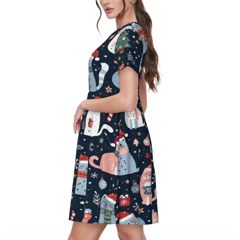 womens christmas cat dress Christmas Cat Dresses Short Sleeve Nightdresses for Women
