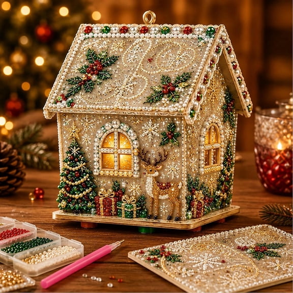 3D Christmas House Diamond Painting Kits for Adults, Light Up Wooden Pearl Art Set DIY Holiday Ornaments, Handmade Xmas Tree Decorations Home Crafts Gifts-E