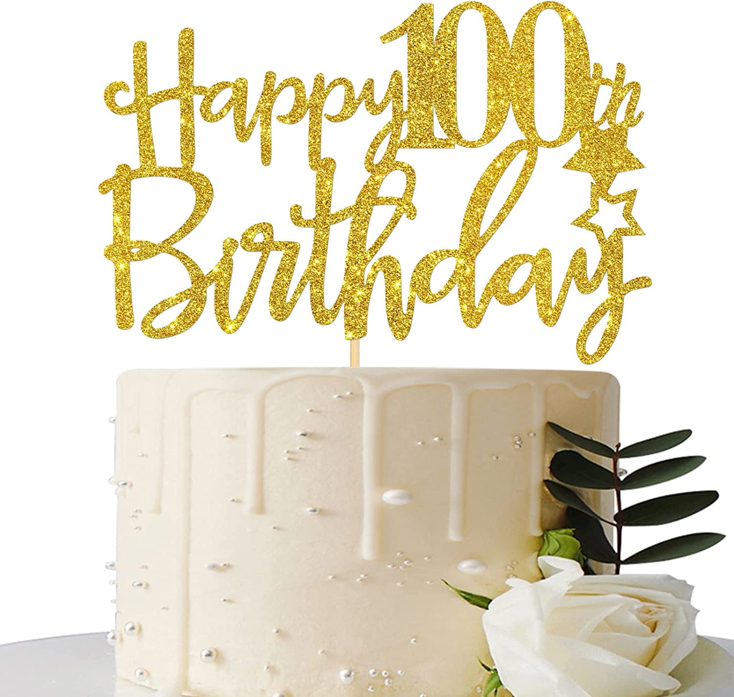 Gold Glitter Happy 100th Birthday Cake Topper,Hello 100, Cheers to 100 ...