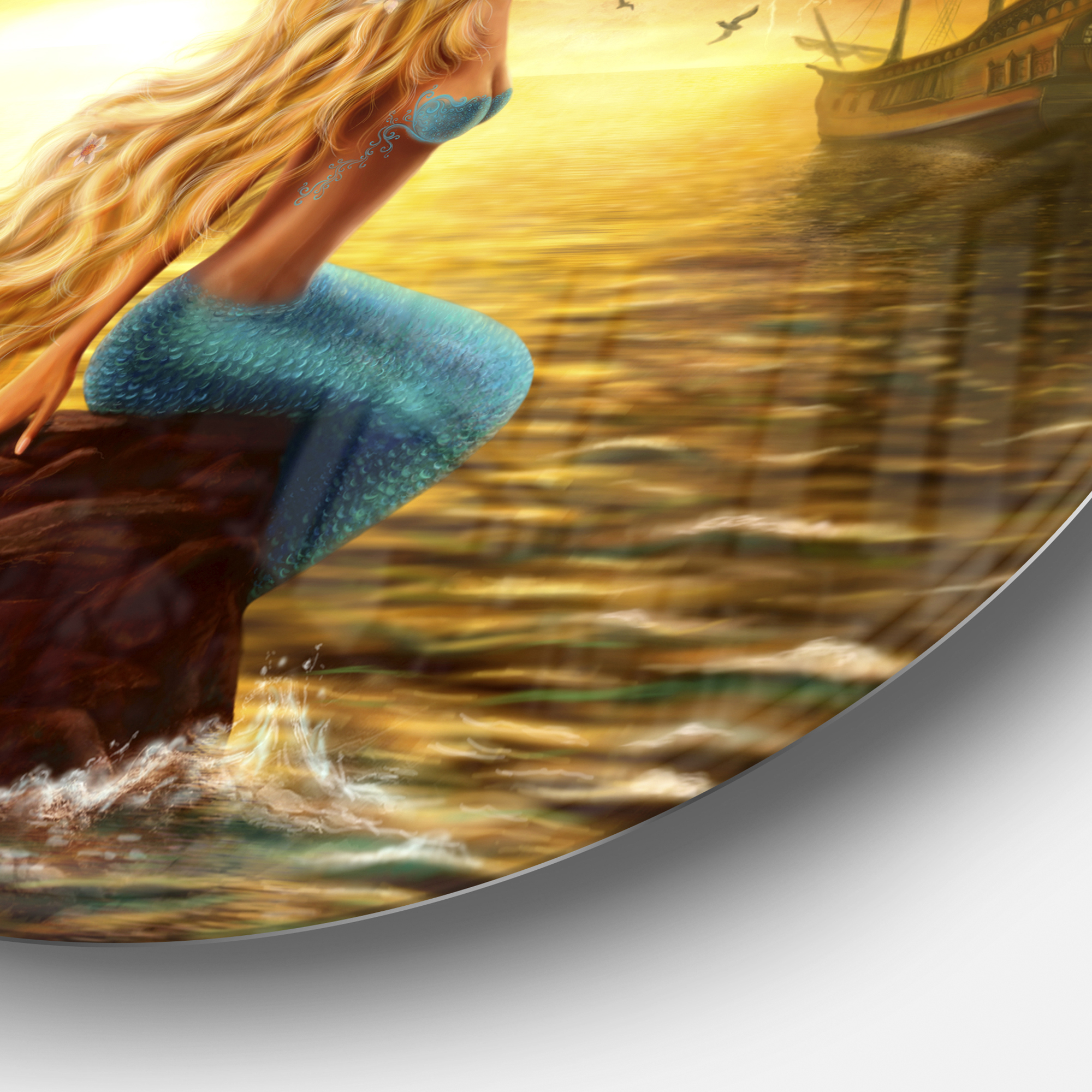 Designart 'Sea Mermaid with Ghost Ship' Seascape Circle Metal Wall Art ...