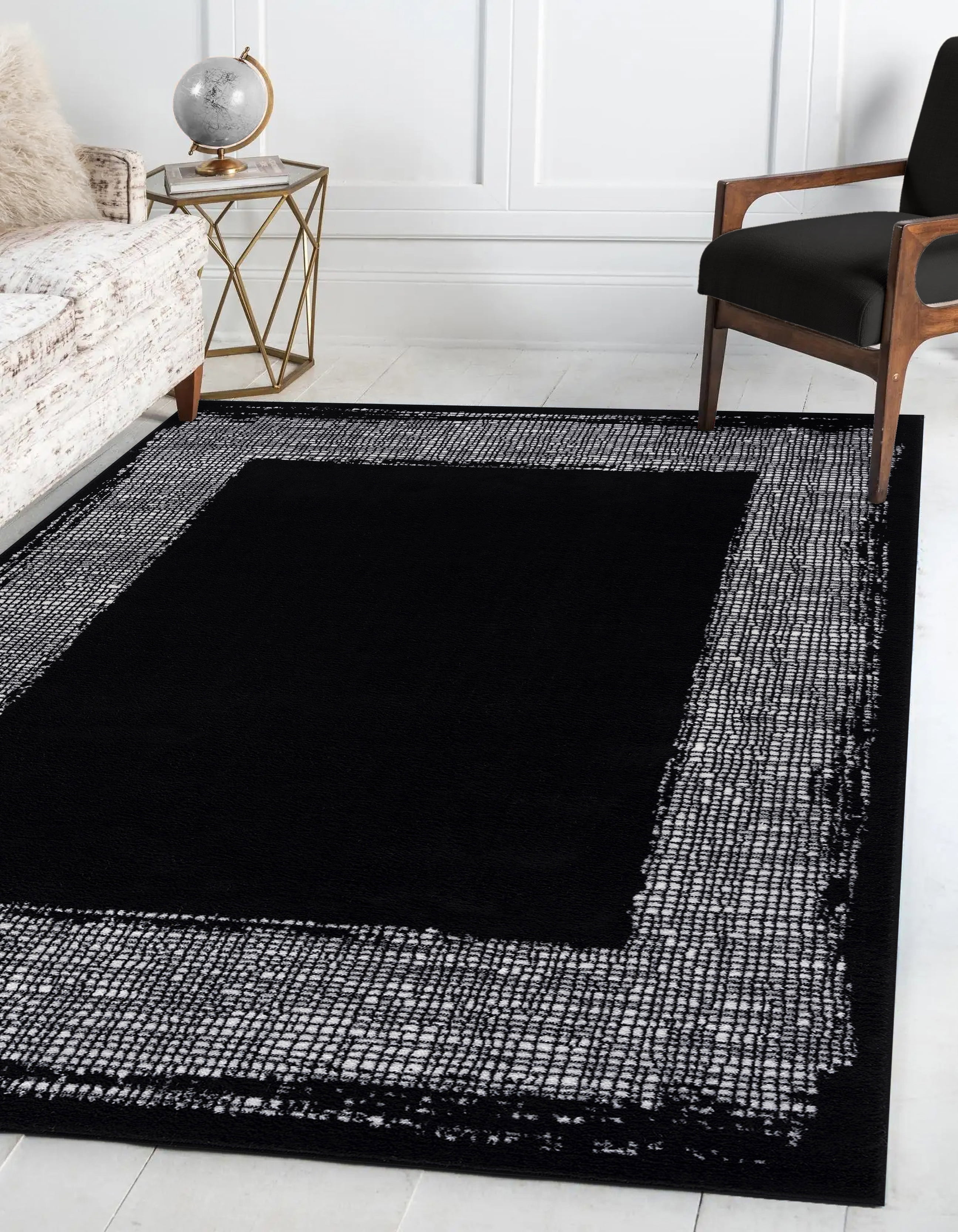 Beverly Rug Modern Border Indoor Area Rug, Geometric Farmhouse Rug, Easy  Cleaning Border Carpet for Living Room, Bedroom, Home office, Kitchen Area  Rug, Black / Off White, 5x7 (5'3