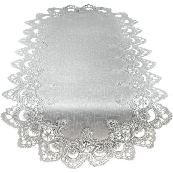 Doily Boutique Table Runner with Antique White European Lace and Fabric, Size 54 x 15 inches