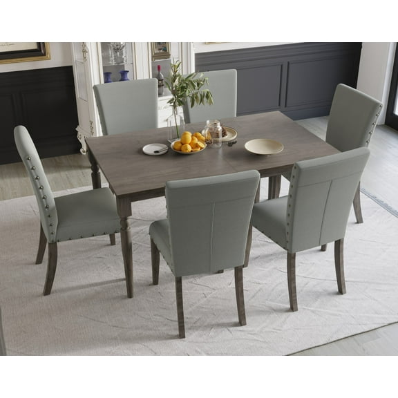 Home Design Clinton 7-Piece Dining Set, Gray/Taupe, Rectangular table, Upholstered cushioned chairs, Nailhead trim, Modern classic style, Durable construction