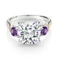 thumbnail image 2 of Gem Stone King 925 Silver and 10K Yellow Gold White Moissanite and Purple Amethyst 3 Stone Ring for Women (5.50 Cttw, Gemstone Birthstone, Cushion 10MM, Round 4MM, Size 5), 2 of 3