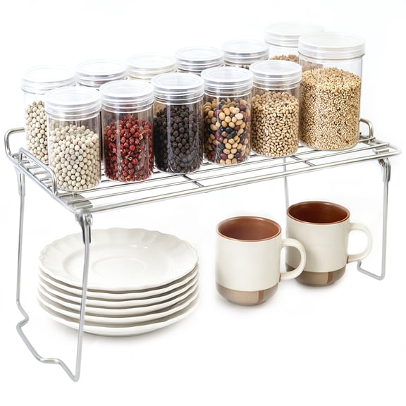 Stackable Metal Mesh Shelf Organizer - Foldable Cabinet Risers for Kitchen Pantry Bathroom Counter