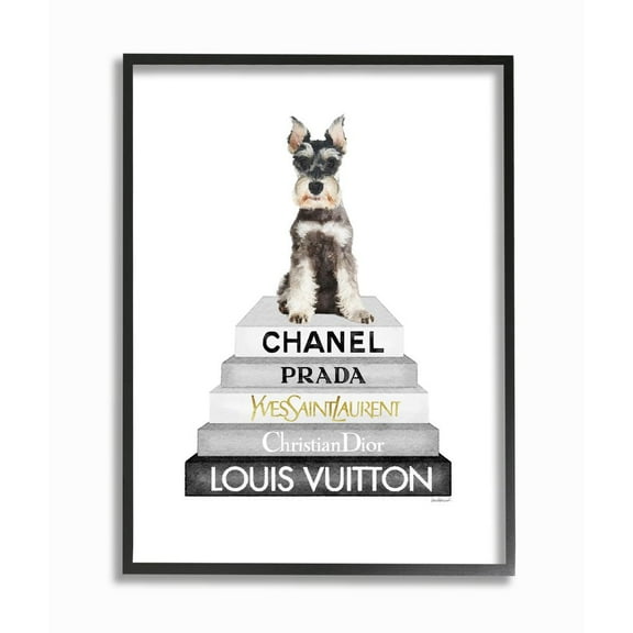 Stupell Industries Adorable Dog Sitting on Neutral Glam Fashion Book Stack Designed by Amanda Greenwood