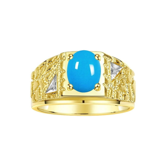 RYLOS Men's Rings 14K Yellow Gold Designer Nugget Ring Oval 9X7MM Gemstone & Diamonds Turquoise December Birthstone Rings For Man Size 13